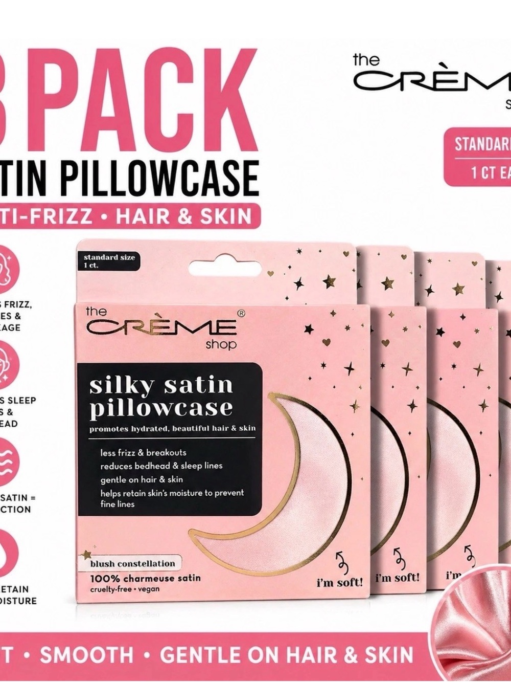 3 Pack Crème Shop Satin Pillowcase Blush Constellation Standard